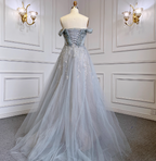 Elegant Dusty Blue A-Line Off-The-Shoulder Beaded Tulle Long Formal Prom Dress