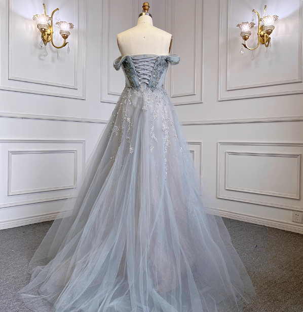 Elegant Dusty Blue A-Line Off-The-Shoulder Beaded Tulle Long Formal Prom Dress
