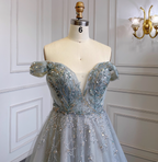 Elegant Dusty Blue A-Line Off-The-Shoulder Beaded Tulle Long Formal Prom Dress