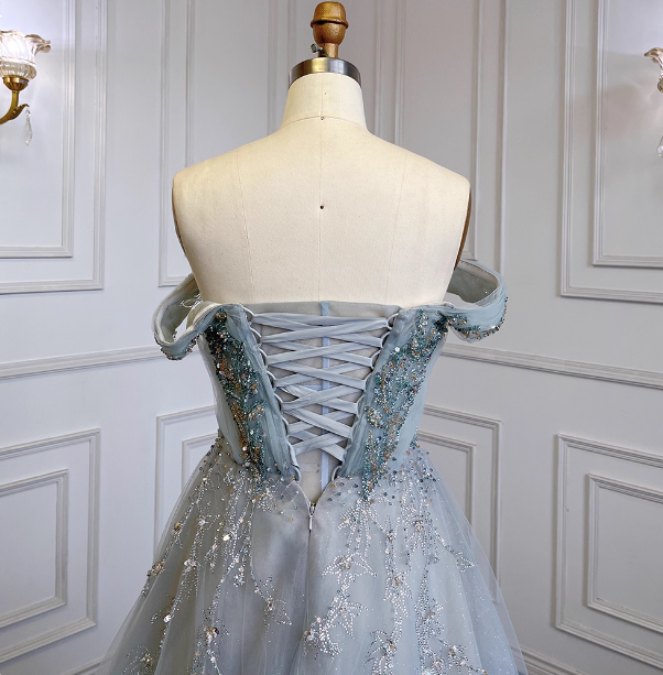 Elegant Dusty Blue A-Line Off-The-Shoulder Beaded Tulle Long Formal Prom Dress