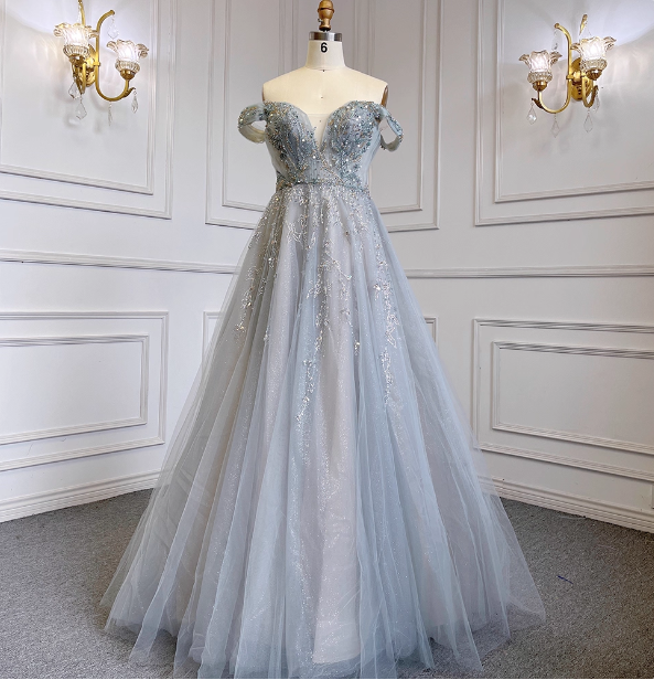 Elegant Dusty Blue A-Line Off-The-Shoulder Beaded Tulle Long Formal Prom Dress Main image