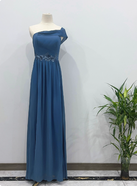 Elegant Dusty Blue One-Shoulder Chiffon Formal Prom Dress Bridesmaid Dress