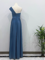 Elegant Dusty Blue One-Shoulder Chiffon Formal Prom Dress Bridesmaid Dress