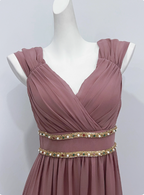 Elegant Dusty Pink A-Line Spaghetti Strap V-Neck Chiffon Long Formal Prom Dress