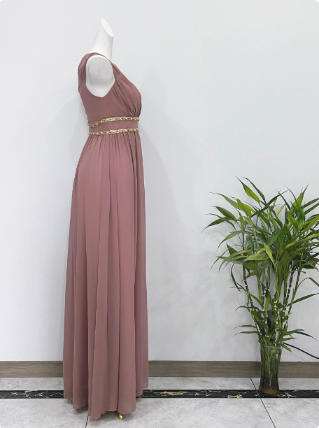 Elegant Dusty Pink A-Line Spaghetti Strap V-Neck Chiffon Long Formal Prom Dress