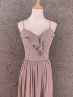 Elegant Dusty Pink Spaghetti Strap Ruffled Chiffon Long Formal Prom Dress Bridesmaid Dress