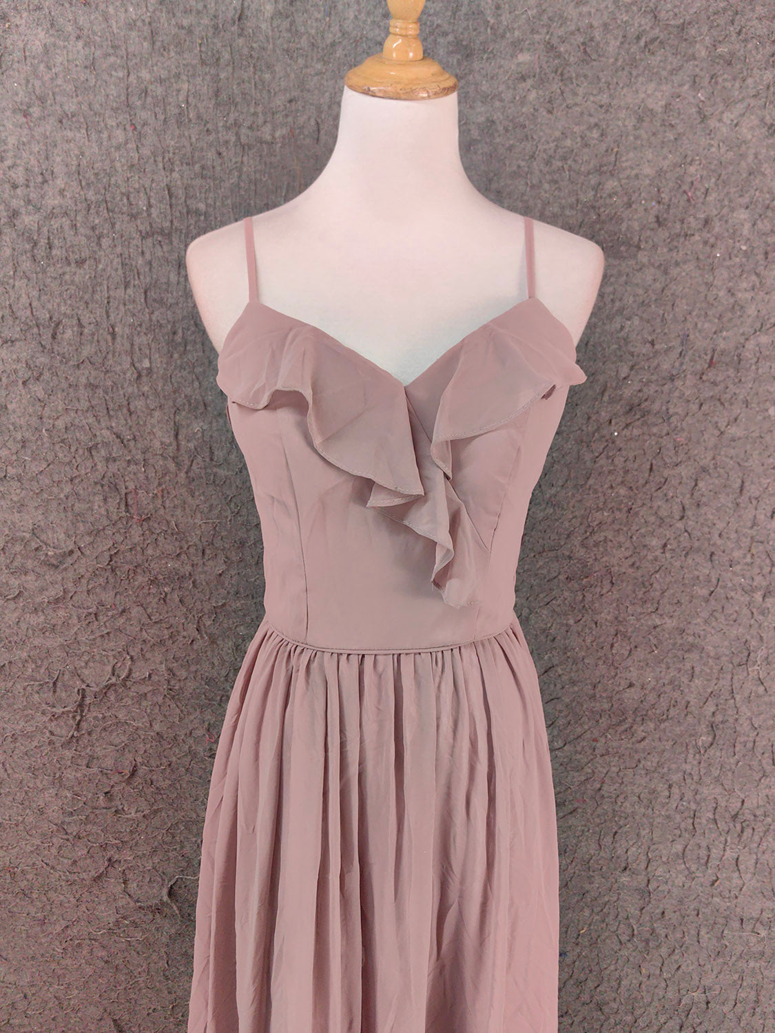 Elegant Dusty Pink Spaghetti Strap Ruffled Chiffon Long Formal Prom Dress Bridesmaid Dress