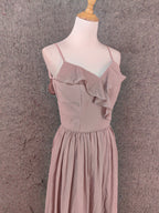 Elegant Dusty Pink Spaghetti Strap Ruffled Chiffon Long Formal Prom Dress Bridesmaid Dress
