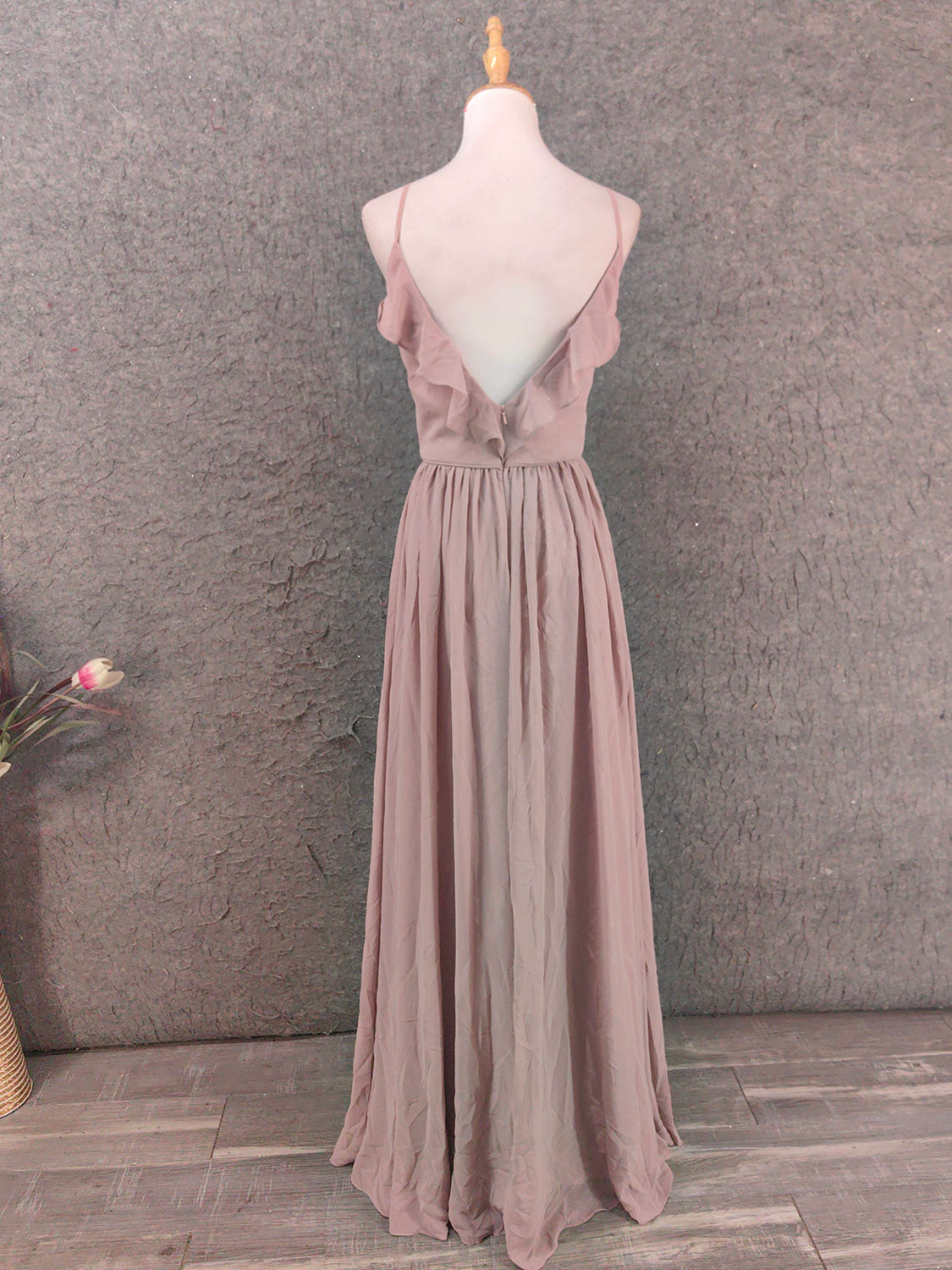 Elegant Dusty Pink Spaghetti Strap Ruffled Chiffon Long Formal Prom Dress Bridesmaid Dress