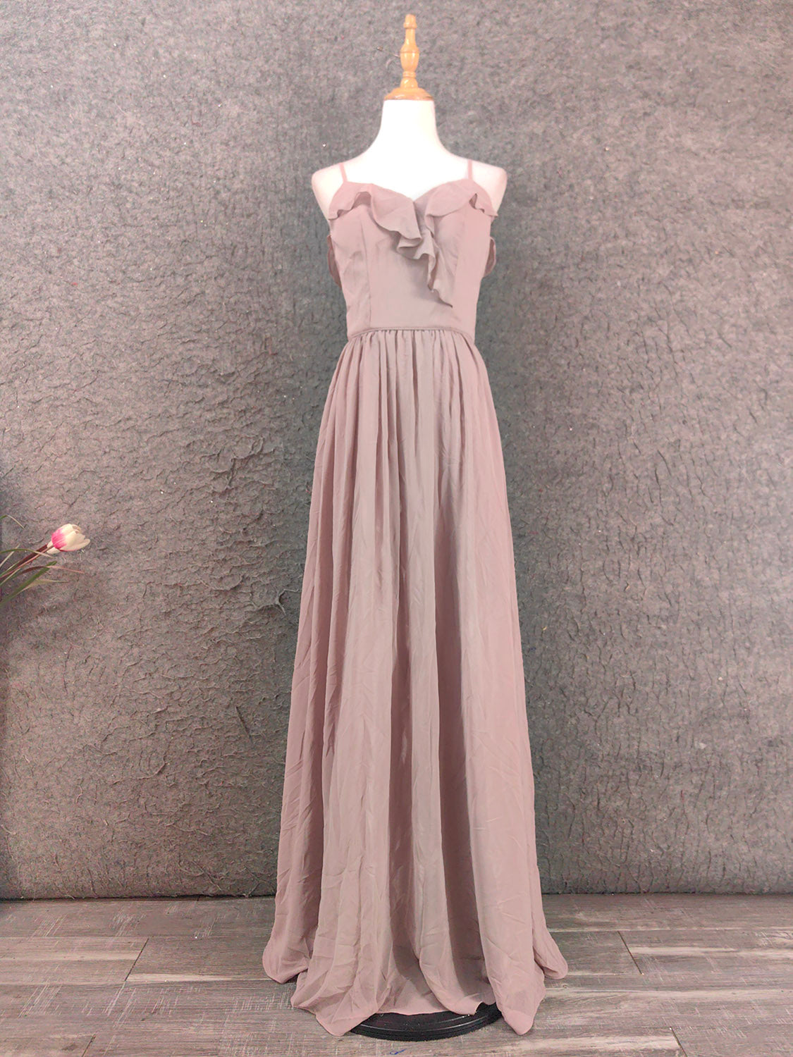 Elegant Dusty Pink Spaghetti Strap Ruffled Chiffon Long Formal Prom Dress Bridesmaid Dress Main image