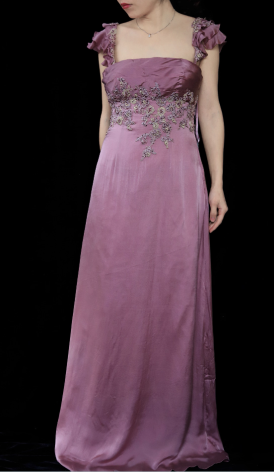 Elegant Dusty Rose Square Neck Spaghetti Strap Embroidered Ruffle Satin Long Formal Prom Dress
