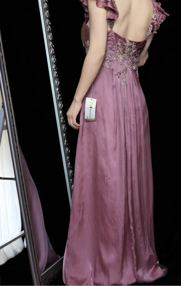 Elegant Dusty Rose Square Neck Spaghetti Strap Embroidered Ruffle Satin Long Formal Prom Dress
