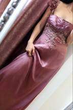 Elegant Dusty Rose Square Neck Spaghetti Strap Embroidered Ruffle Satin Long Formal Prom Dress