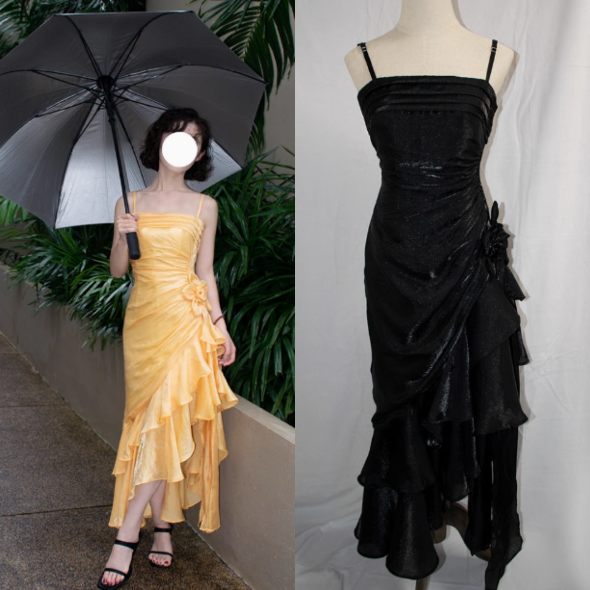 Vintage Spaghetti Straps Chiffon Satin Ruffled Prom Dress Fairytale Prom Dress