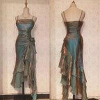 Vintage Spaghetti Straps Chiffon Satin Ruffled Prom Dress Fairytale Prom Dress