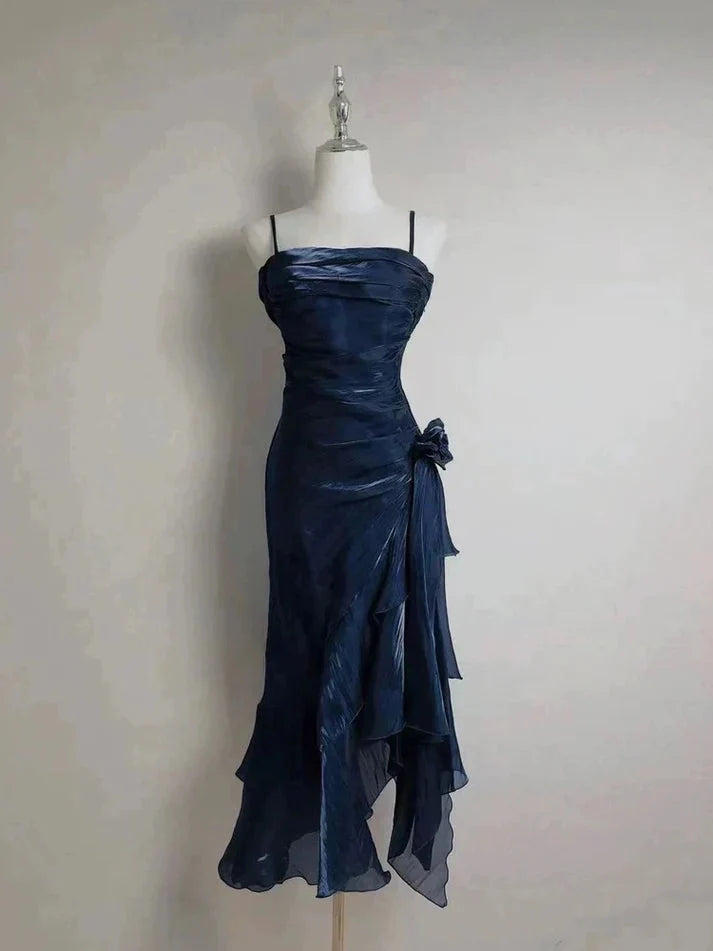Vintage Spaghetti Straps Chiffon Satin Ruffled Prom Dress Fairytale Prom Dress