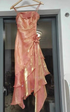 Vintage Spaghetti Straps Chiffon Satin Ruffled Prom Dress Fairytale Prom Dress