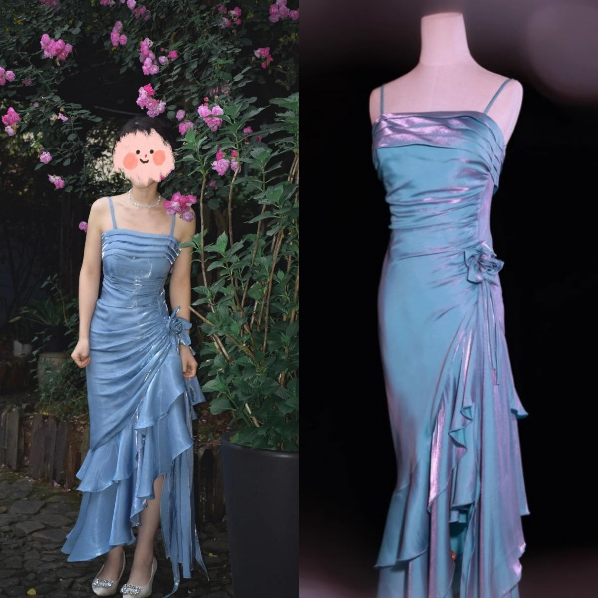 Vintage Spaghetti Straps Chiffon Satin Ruffled Prom Dress Fairytale Prom Dress