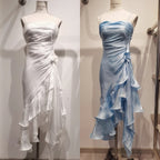Vintage Spaghetti Straps Chiffon Satin Ruffled Prom Dress Fairytale Prom Dress