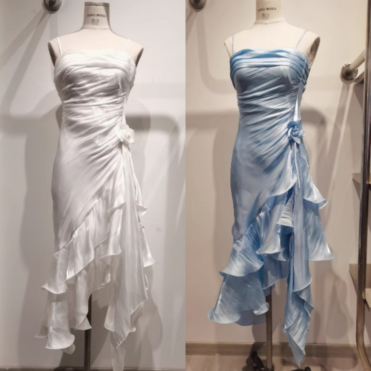Vintage Spaghetti Straps Chiffon Satin Ruffled Prom Dress Fairytale Prom Dress