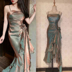 Vintage Spaghetti Straps Chiffon Satin Ruffled Prom Dress Fairytale Prom Dress