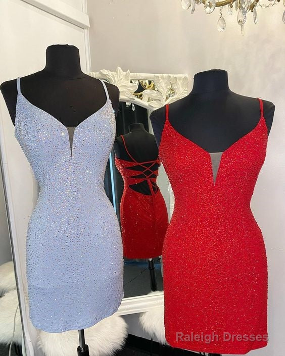 Elegant Fitted Red Short Homecoming Dress With Rhinestones