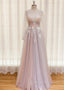 Elegant Flower Lace Pink Prom Dres s V Neck Prom Dresses Backless Tulle Prom Dresses