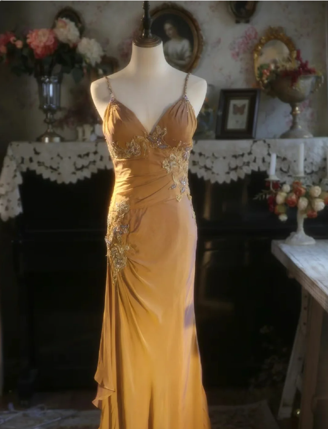 Elegant Ginger Yellow Mermaid V-Neck Beaded Embroidered Satin Formal Prom Dress Secondary image