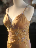 Elegant Ginger Yellow Mermaid V-Neck Beaded Embroidered Satin Formal Prom Dress