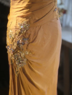 Elegant Ginger Yellow Mermaid V-Neck Beaded Embroidered Satin Formal Prom Dress