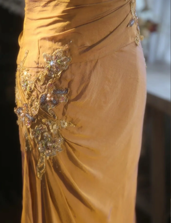 Elegant Ginger Yellow Mermaid V-Neck Beaded Embroidered Satin Formal Prom Dress