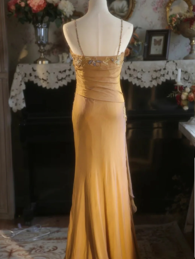 Elegant Ginger Yellow Mermaid V-Neck Beaded Embroidered Satin Formal Prom Dress