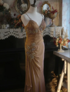 Elegant Ginger Yellow Mermaid V-Neck Beaded Embroidered Satin Formal Prom Dress