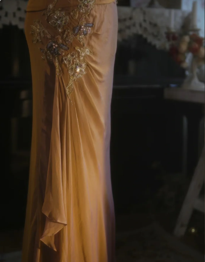 Elegant Ginger Yellow Mermaid V-Neck Beaded Embroidered Satin Formal Prom Dress