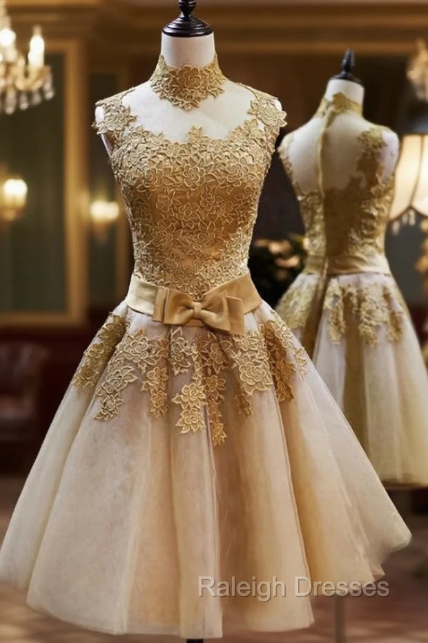 Elegant Gold Applique Homecoming Dresses High Neck Knee Length A Line Main image