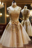 Elegant Gold Applique Homecoming Dresses High Neck Knee Length A Line