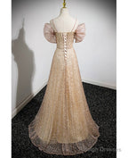 Elegant Gold Rhinestone Sequin Thin Shoulder Strap Off Shoulder Evening Gown With Gold A-Line Princess Bow Short Sleeved Off Back Strap And Floor Length Prom Dress