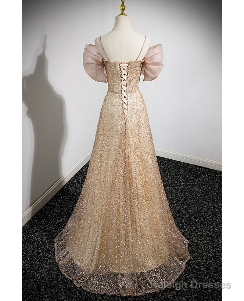 Elegant Gold Rhinestone Sequin Thin Shoulder Strap Off Shoulder Evening Gown With Gold A-Line Princess Bow Short Sleeved Off Back Strap And Floor Length Prom Dress