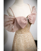 Elegant Gold Rhinestone Sequin Thin Shoulder Strap Off Shoulder Prom Gowns With Gold A-Line Princess Bow Short Sleeved Off Back Strap And Floor Length Prom Dresses