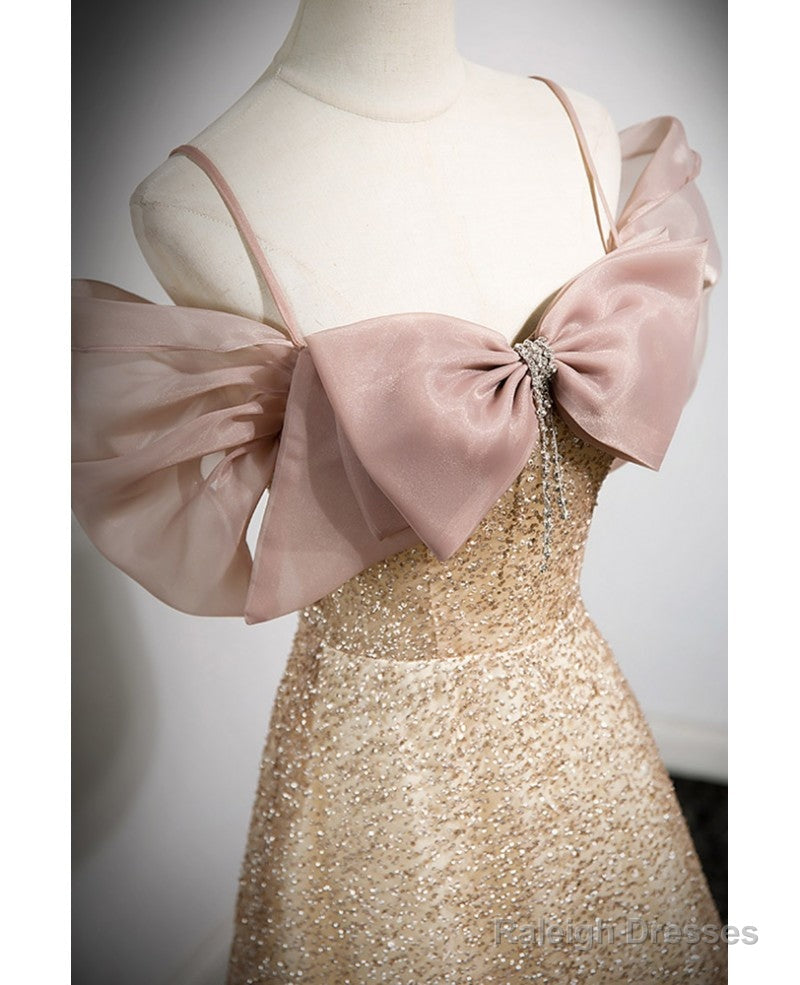Elegant Gold Rhinestone Sequin Thin Shoulder Strap Off Shoulder Prom Gowns With Gold A-Line Princess Bow Short Sleeved Off Back Strap And Floor Length Prom Dresses