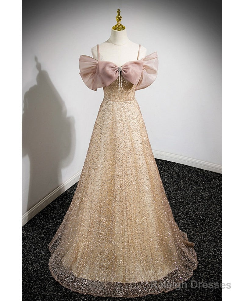 Elegant Gold Rhinestone Sequin Thin Shoulder Strap Off Shoulder Prom Gowns With Gold A-Line Princess Bow Short Sleeved Off Back Strap And Floor Length Prom Dresses Main image