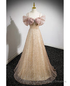Elegant Gold Rhinestone Sequin Thin Shoulder Strap Off Shoulder Prom Gowns With Gold A-Line Princess Bow Short Sleeved Off Back Strap And Floor Length Prom Dresses