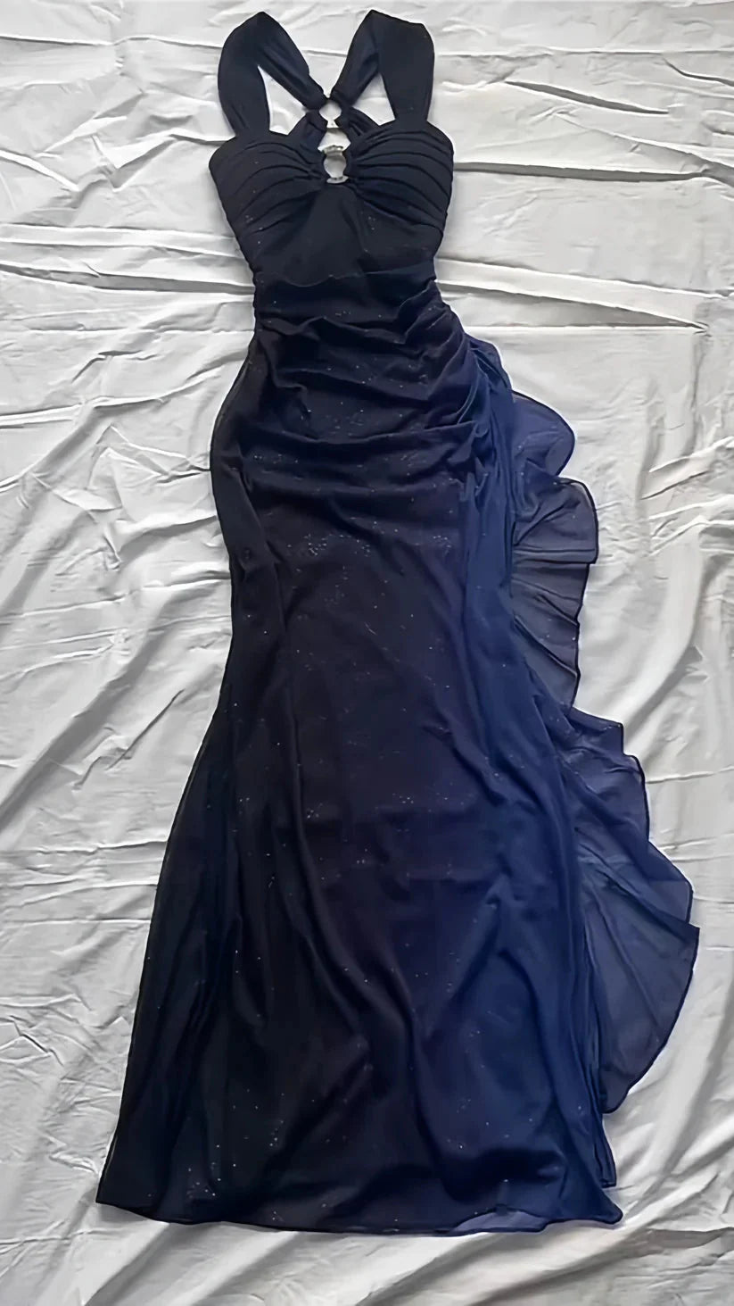 Affordable Dress Under $160||Elegant Gradient Navy Blue Sheath Spaghetti Straps Sparkling Chiffon Prom Dresses For Prom