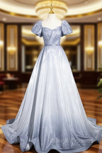 Elegant Gradient Short Sleeve Part Dress, A Line Blue Formal Prom Dress
