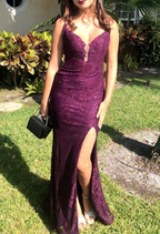 Elegant Mermaid Prom Dress Under $170’Ã?Charming Grape Spaghetti Straps Applique Long Backless Prom Dresses With Slit