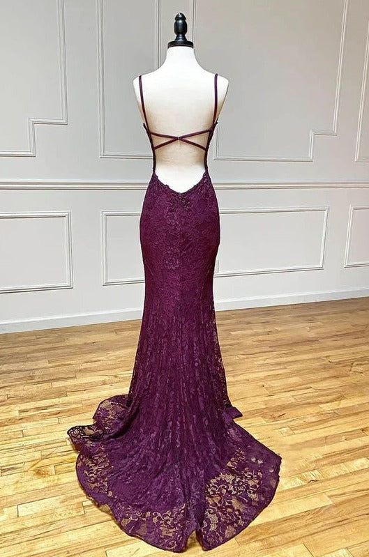 Elegant Mermaid Prom Dress Under $170’Ã?Charming Grape Spaghetti Straps Applique Long Backless Prom Dresses With Slit