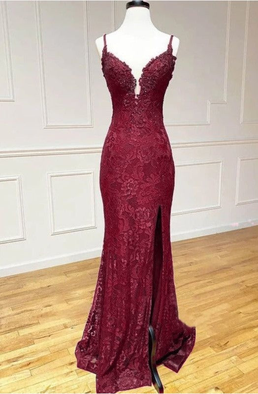 Elegant Mermaid Prom Dress Under $170’Ã?Charming Grape Spaghetti Straps Applique Long Backless Prom Dresses With Slit
