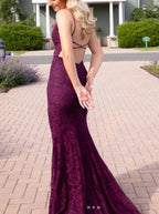 Elegant Mermaid Prom Dress Under $170’Ã?Charming Grape Spaghetti Straps Applique Long Backless Prom Dresses With Slit