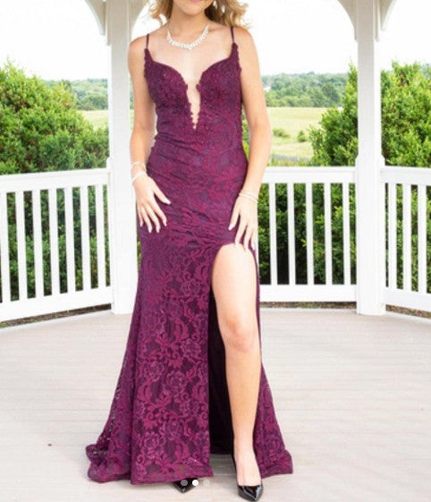 Elegant Mermaid Prom Dress Under $170’Ã?Charming Grape Spaghetti Straps Applique Long Backless Prom Dresses With Slit