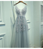 Elegant Gray A-Line Tulle Prom Dresses Long V Neck Prom Dress Lace Prom Dresses
